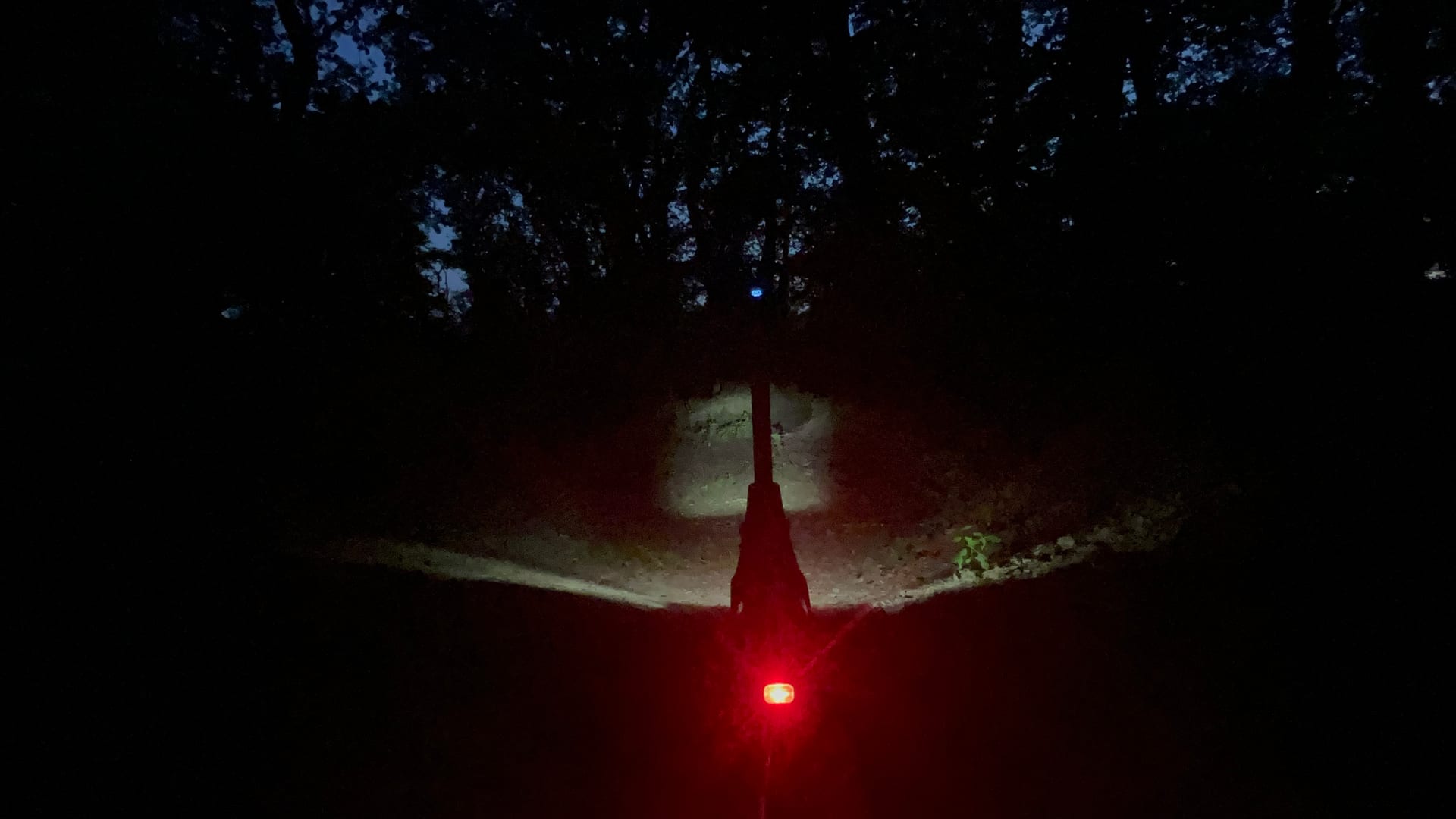 Blick von hinten auf den StreetBooster in voelliger Dunkelheit: der weisse Frontkegel reicht nur ein begrenztes Stueck auf den Waldpfad, dahinter Dunkelheit